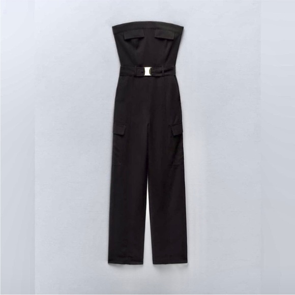 Zara belted black cargo pocket side strapless jumpsuit - Picture 4 of 8